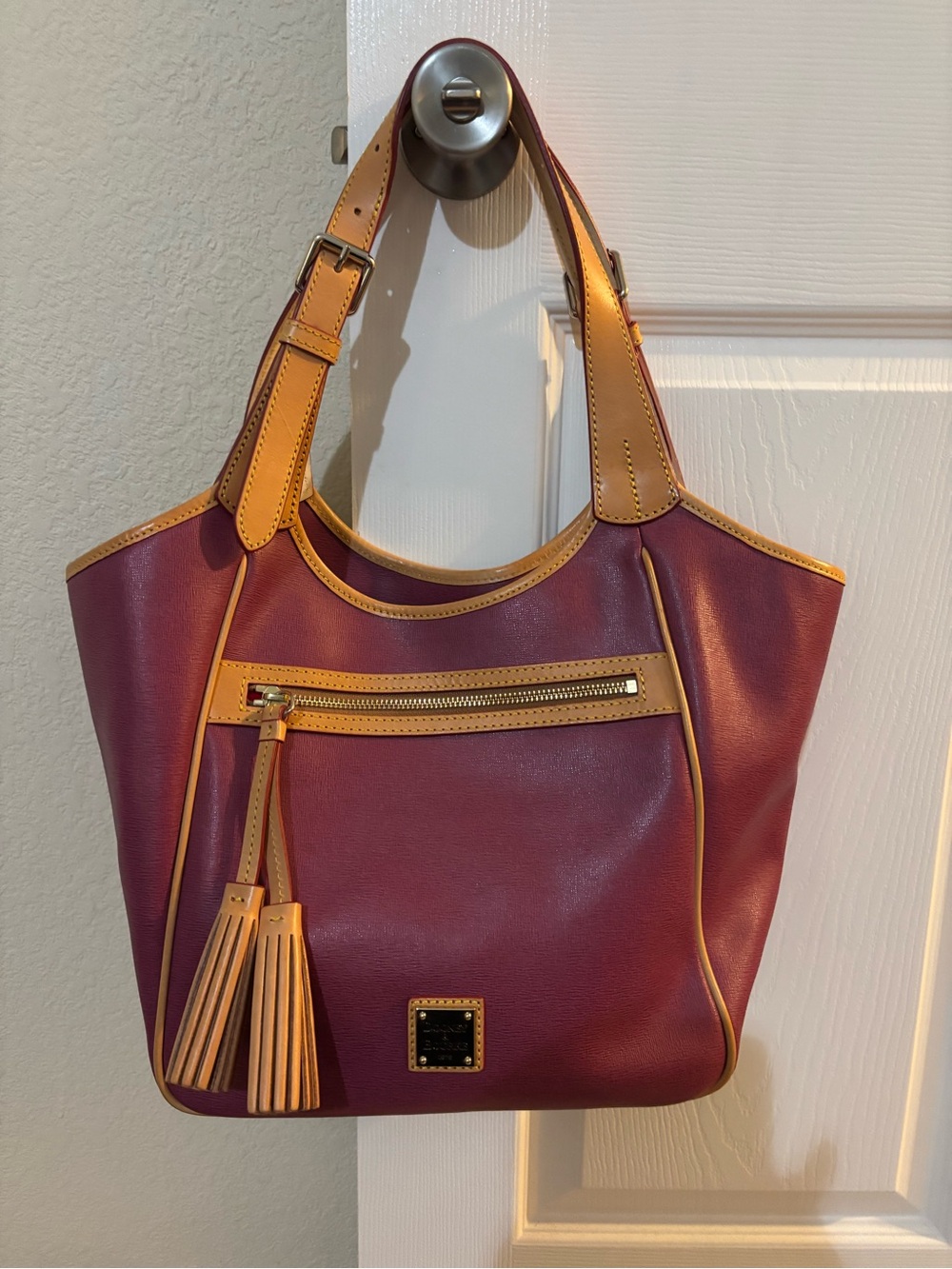 Dooney & Bourke Plum Tote with Red Interior and Tan Trim
